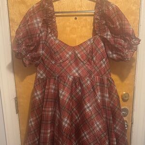 EUC Selkie Jane Eyre Organza Ritz Gown - Plaid Puffed Sleeve Maxi Dress